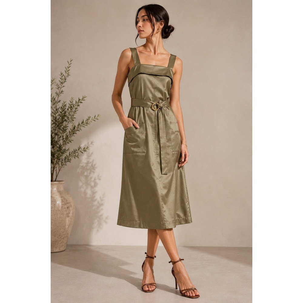 Banana Republic Olive Satin A-Line Utility Midi Dress Belted Pockets Sz 2 Event